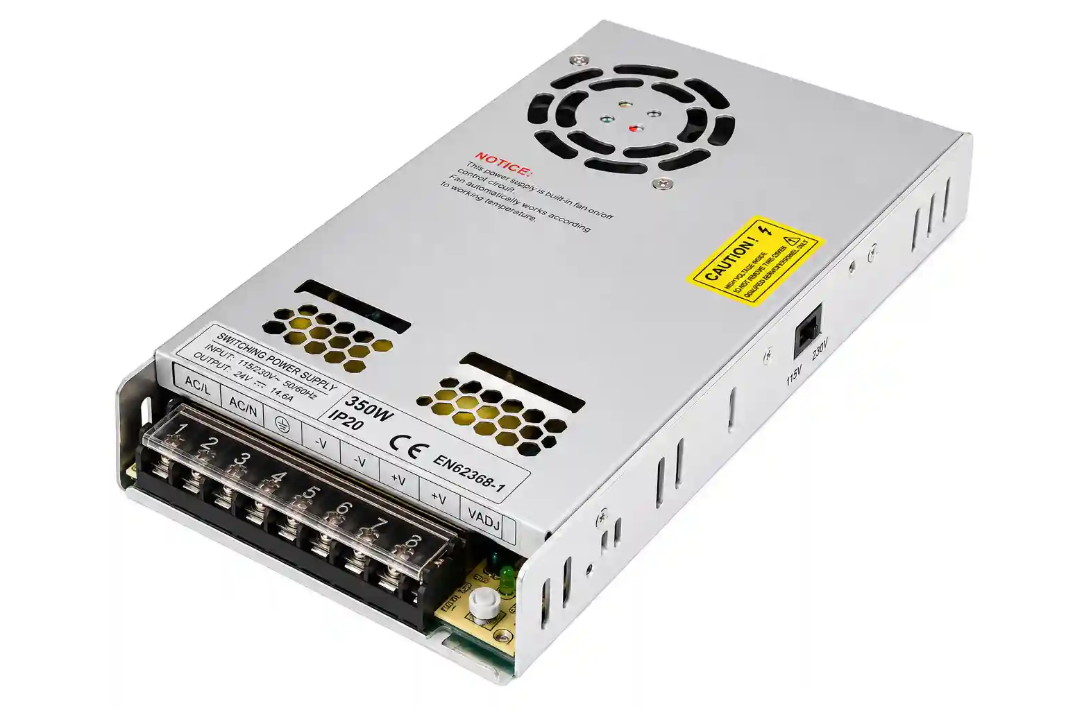 Svorkovnice LED napájecího zdroje 24V 350W — vstupy AC/L, AC/N, GND, výstupy V+, V- a přepínač vstupního napětí